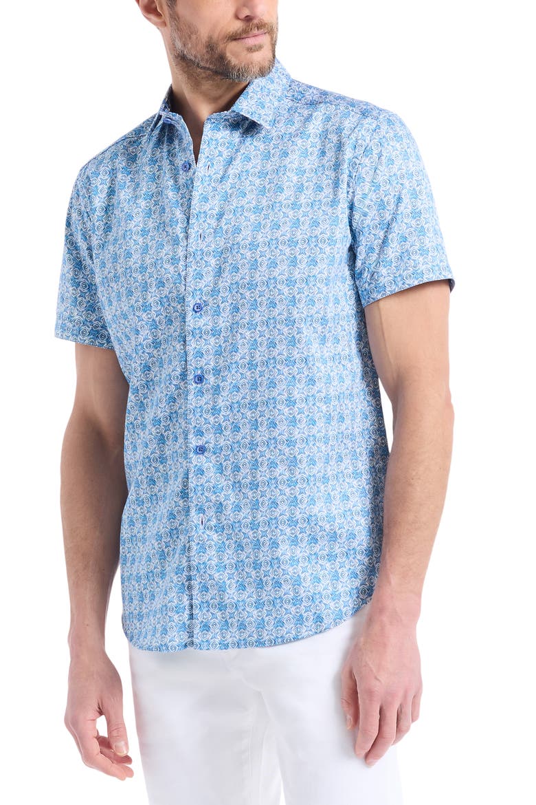 Geometric Print Short Sleeve Button-Up Shirt, Alternate, color, BLUE