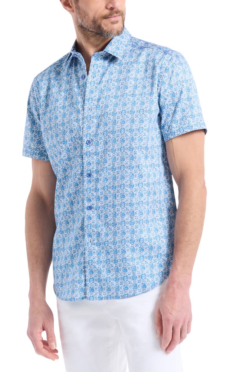 Robert Graham Geometric Print Short Sleeve Button-Up Shirt, Alternate, color, Blue