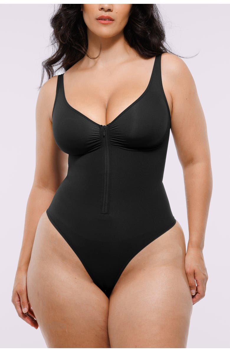 Shapellx Skin Flow Zipper Front Thong Bodysuit, Main, color, Classic Black