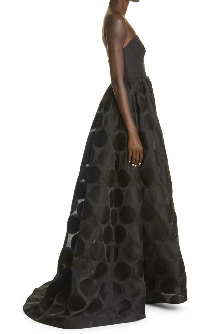 Fil Coupé Polka Dot Strapless Ballgown, Alternate, color, BLACK