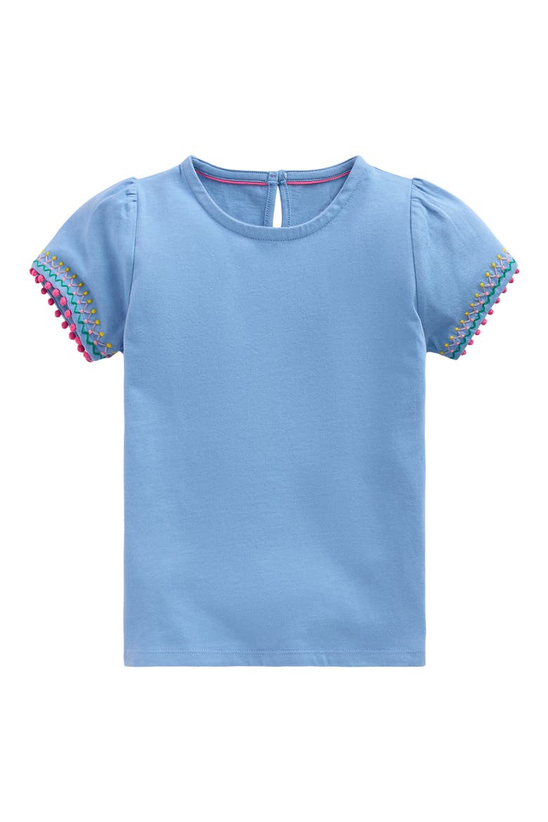 Kids' Embroidered Pom Trim Puff Sleeve Cotton T-Shirt, Main, color, FORGET ME NOT BLUE