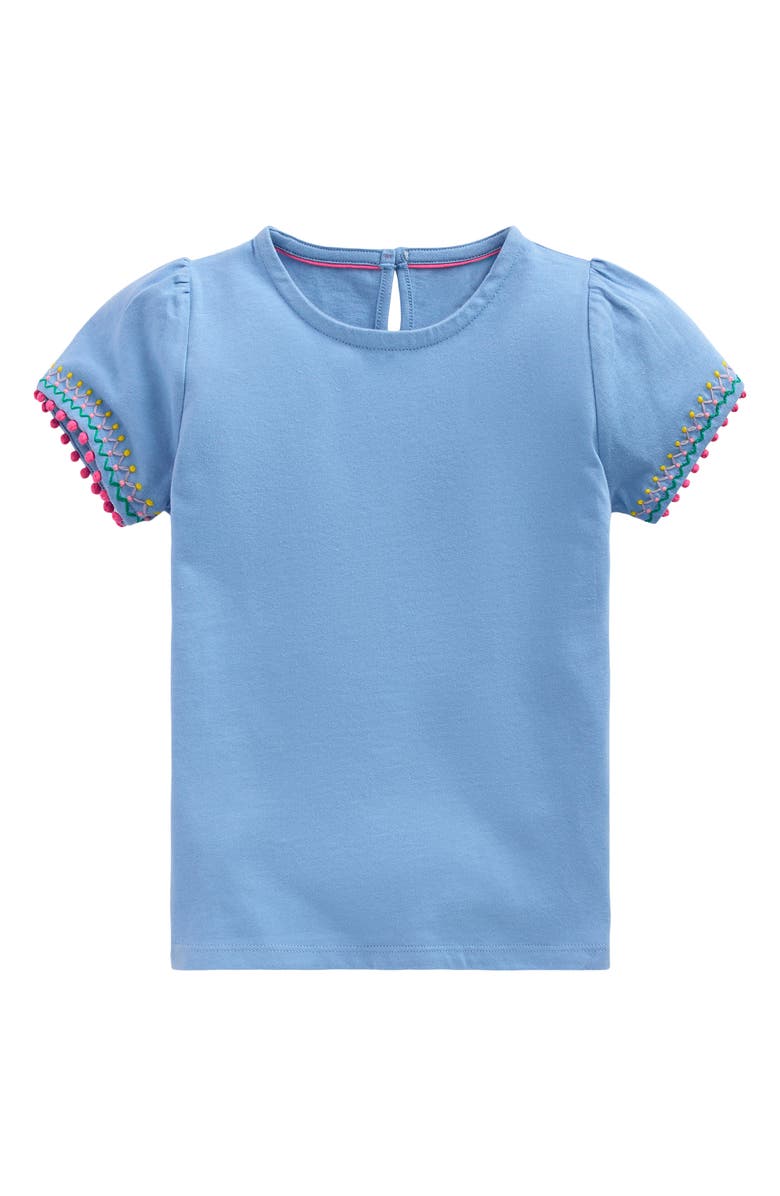 Mini Boden Kids' Puff Sleeve Embellished Trim T-Shirt, Main, color, Forget Me Not Blue