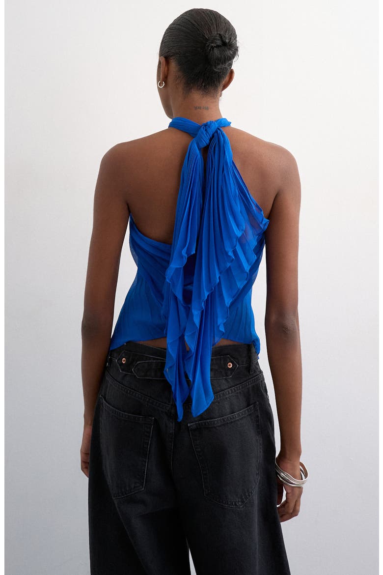 Pleated Knot Neck Halter Top, Alternate, color, MEDIUM BLUE