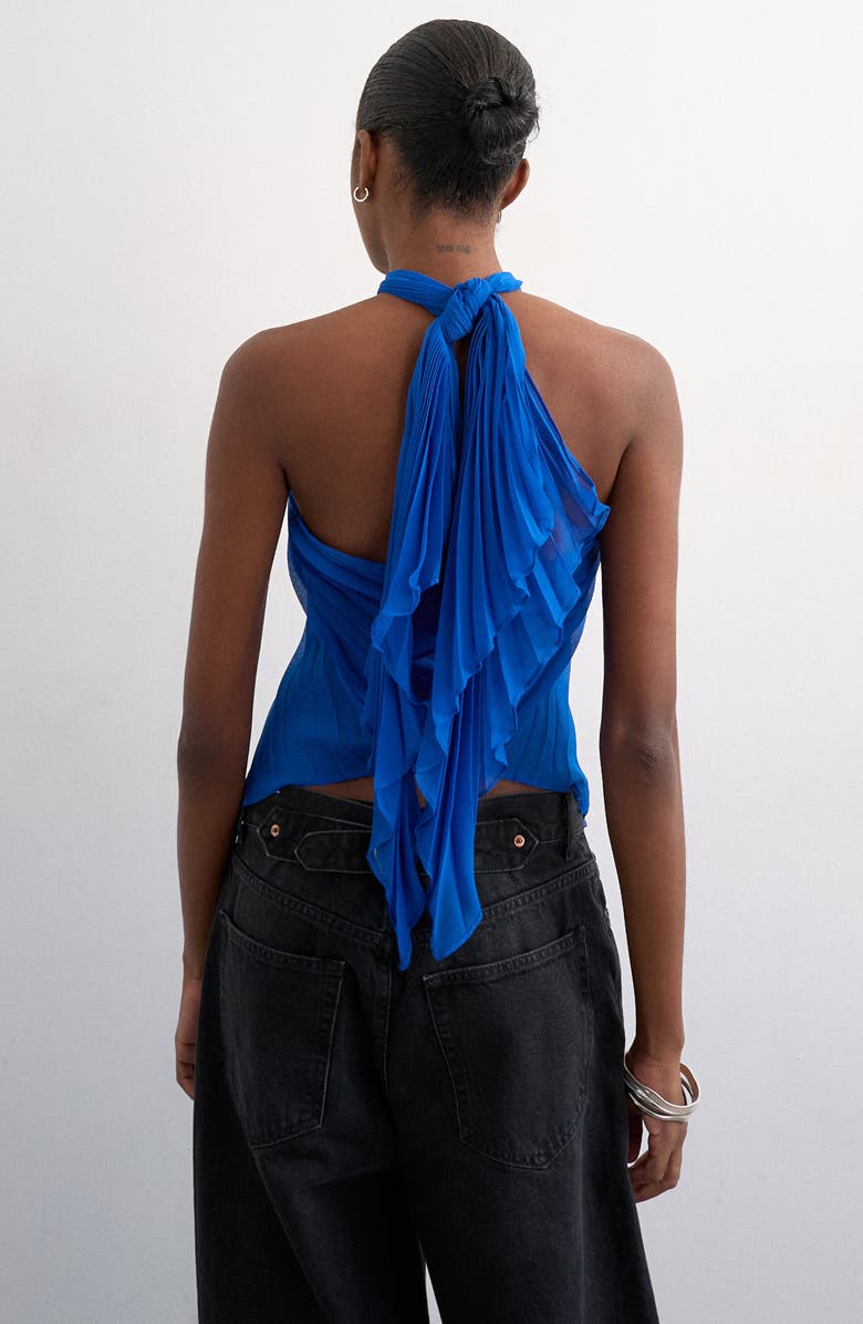 Topshop Pleated Knot Neck Halter Top, Alternate, color, Medium Blue