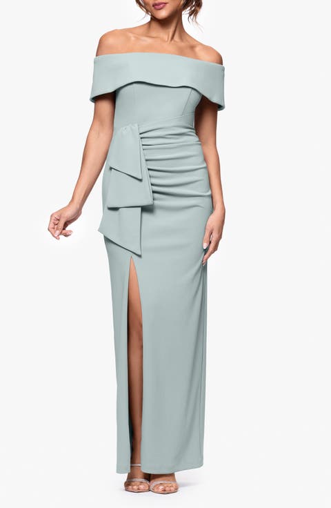 Ruched Off the Shoulder Crepe Gown (Regular & Petite)