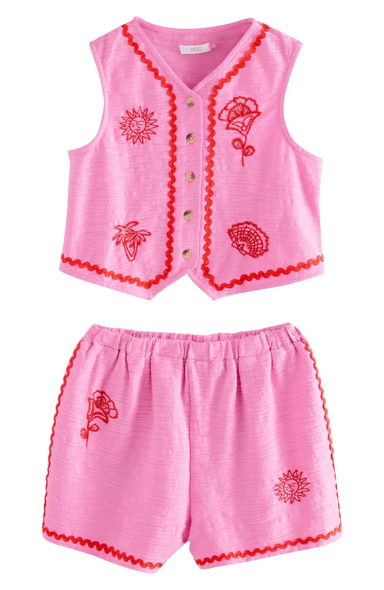 NEXT Kids' Embroidered Stretch Cotton Vest & Shorts Set, Main, color, Pink