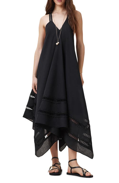 Allsaints Womens Lil Embroidered-trim Asymmetric-hem Cotton Maxi Dress Black In Black