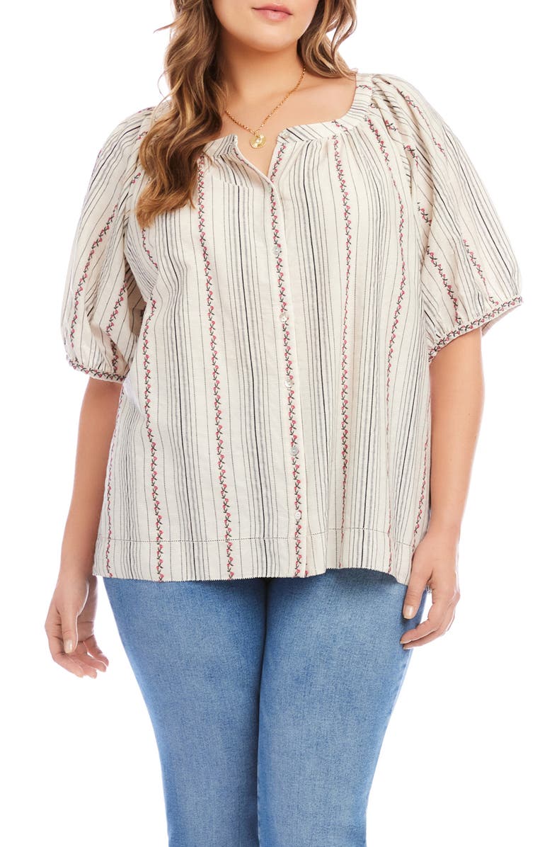 Karen Kane Stripe Floral Embroidered Cotton Peasant Top, Main, color, Natural