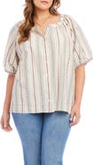 Karen Kane Stripe Floral Embroidered Cotton Peasant Top