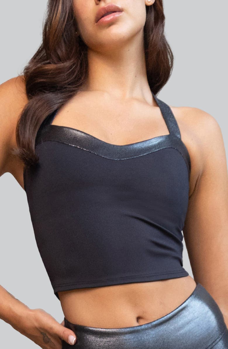 Heroine Sport Nova Metallic Trim Longline Sports Bra, Main, color, Black
