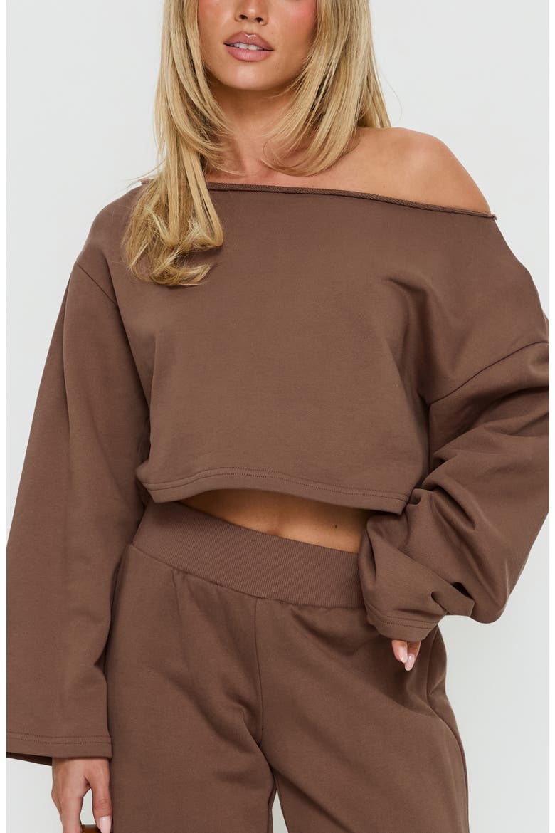 Retreat Raw Edge One-Shoulder Sweatshirt, Main, color, COCOA
