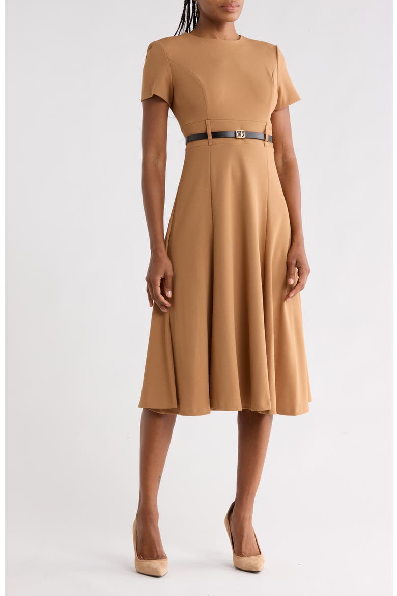 Short Sleeve Belted A-Line Midi Dress, Main, color, LUGGAGE