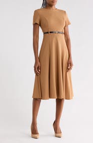 Calvin Klein Short Sleeve Belted A-Line Midi Dress