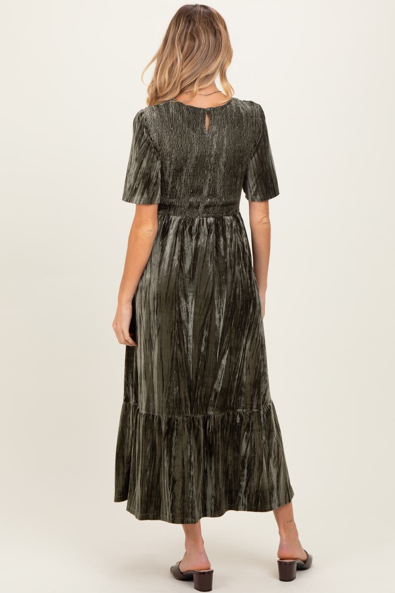 Smocked Velvet MIdi Dress, Alternate, color, Olive Green