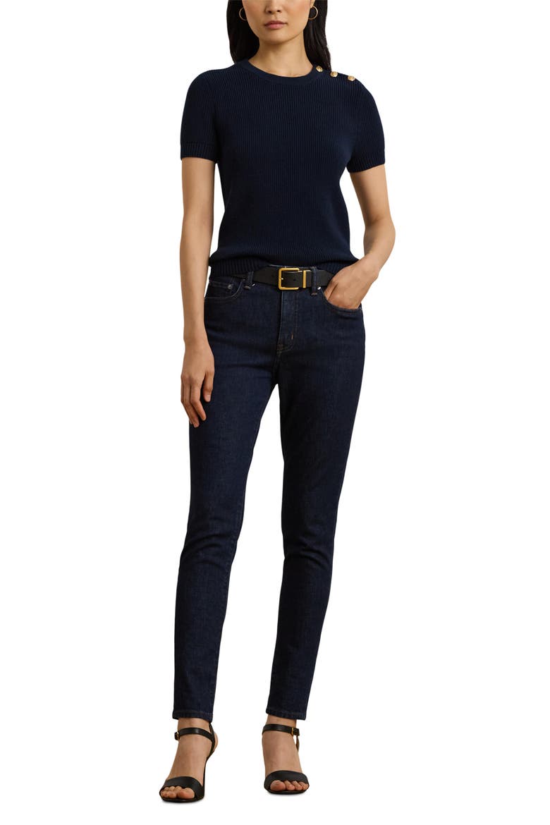 Rib Button Shoulder Short Sleeve Sweater, Alternate, color, LAUREN NAVY