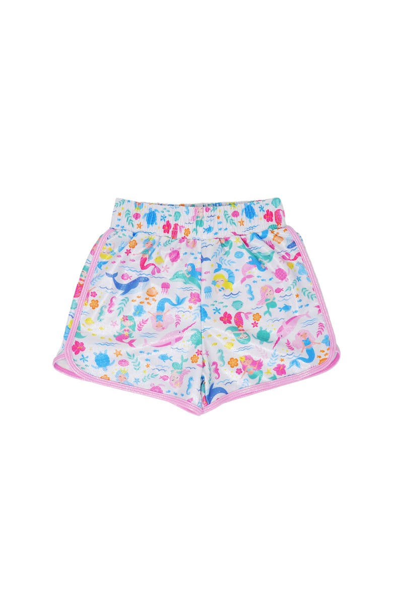 Girls' Sustainably Made UPF 50+ Morgan Retro Swim Shorts, Alternate, color, Mermaid Friends