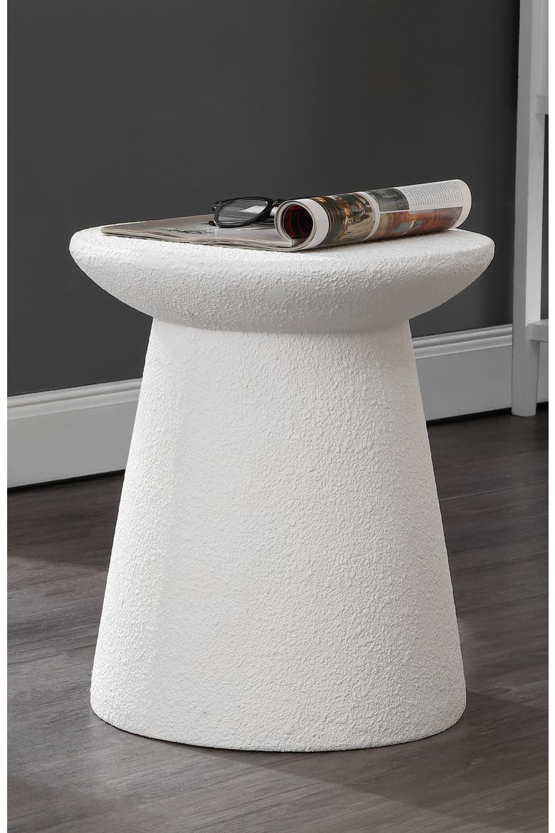 Hollie Minimalist Frosted Polyresin Indoor/Outdoor Accent Table, All-Weather Textured Round Pedestal Side Table & Stool, Alternate, color, White Frosted