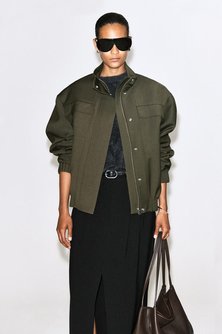 Mock-Neck Wool-Blend Bomber Jacket, Alternate, color, KHAKI MÉLANGE