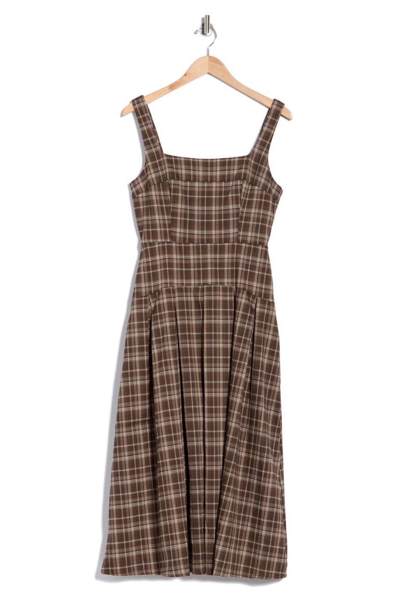 Pleated Fit & Flare Midi Dress, Main, color, BROWN