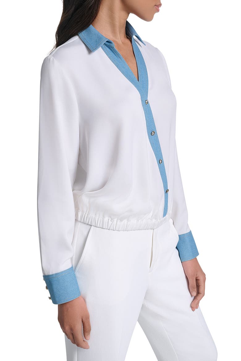 Denim Trim V-Neck Blouse, Alternate, color, SOFT WHITE