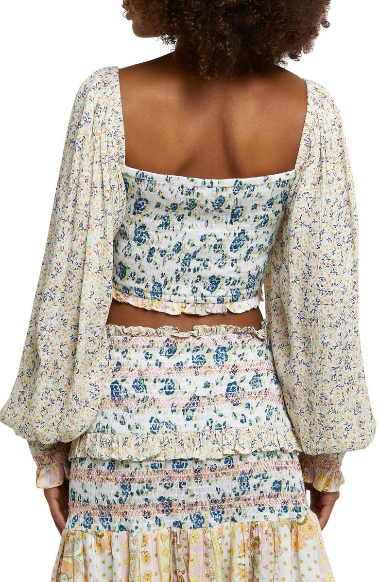 River Island Floral Print Smocked Puff Sleeve Metallic Crop Top, Alternate, color, 