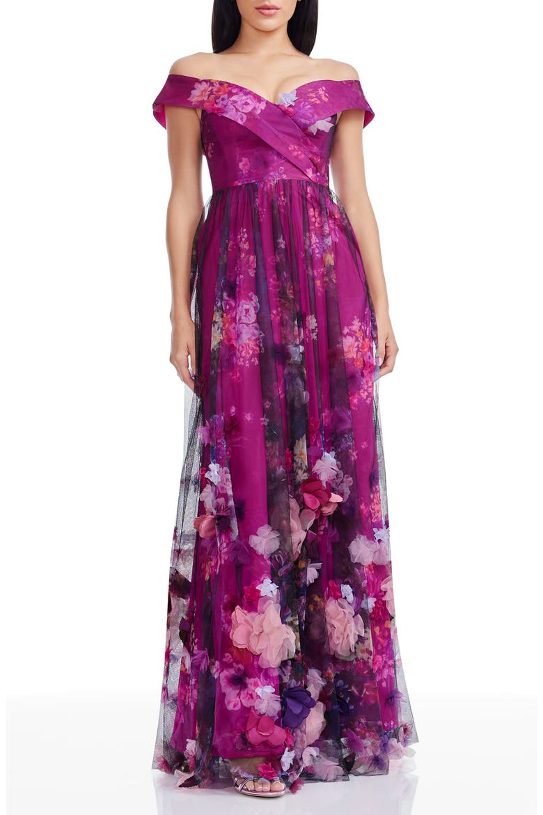 Aurea Floral Print Off the Shoulder Gown, Main, color, DARK MAGENTA MULTI