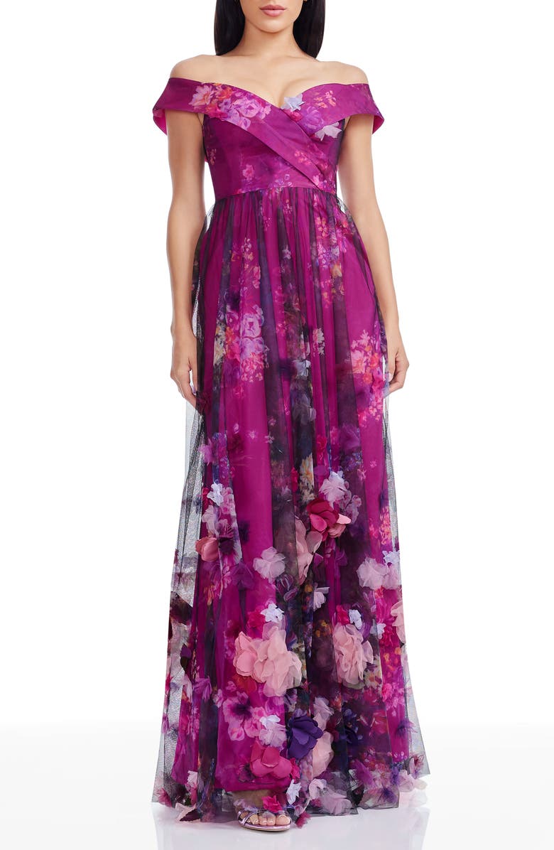 Dress the Population Aurea Floral Print Off the Shoulder Gown, Main, color, Dark Magenta Multi