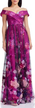 Dress the Population Aurea Floral Print Off the Shoulder Gown