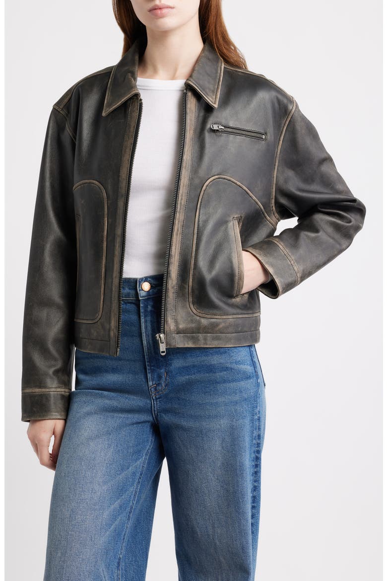 Distressed Leather Bomber Jacket, Main, color, BLACK