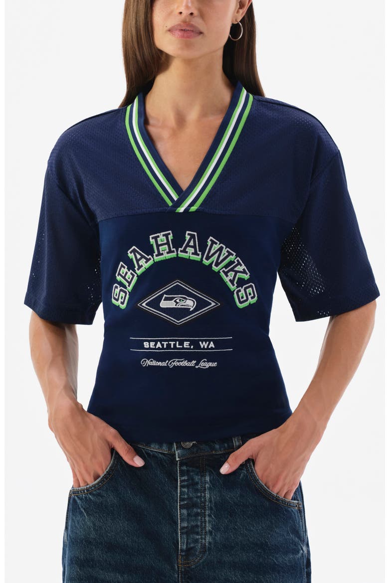 San Francisco 49ers Graphic V-Neck Lace Back T-Shirt, Main, color, NAVY GREEN