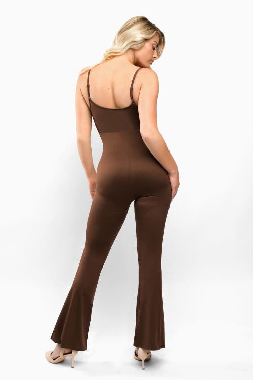 Popilush Shapewear Butt Lift Flare Leg Strappy Jumpsuit In Cherry Wood