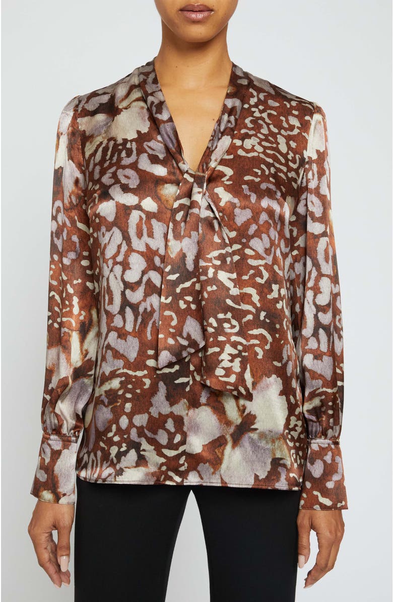 Santorelli FRANCIS Blouse with Neck Tie in Abstract Floral Printed Silk Blend, Alternate, color, Hickory Multi
