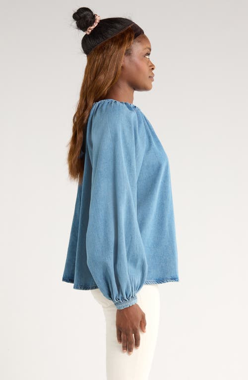 Topshop Denim Puff Sleeve Top With Bow Tie In Blue