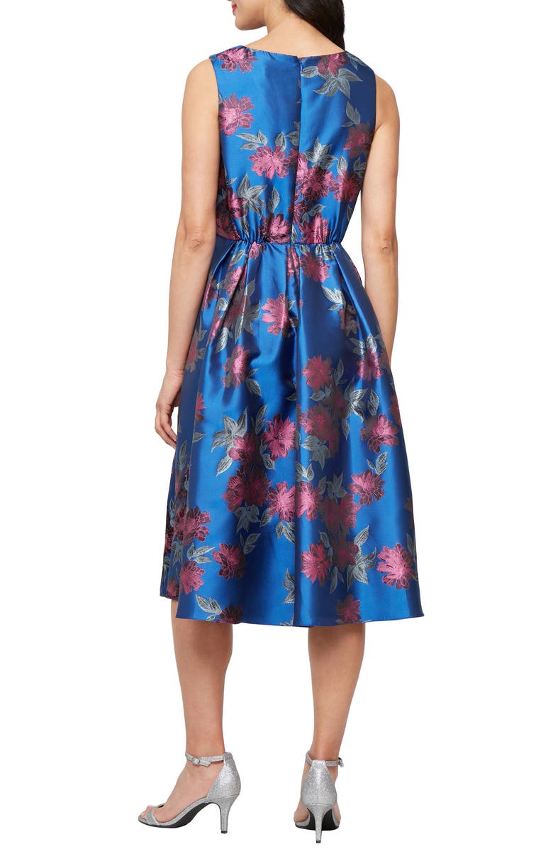 SL FASHIONS Metallic Floral Jacquard Cocktail Dress, Alternate, color, Blue/ Multi