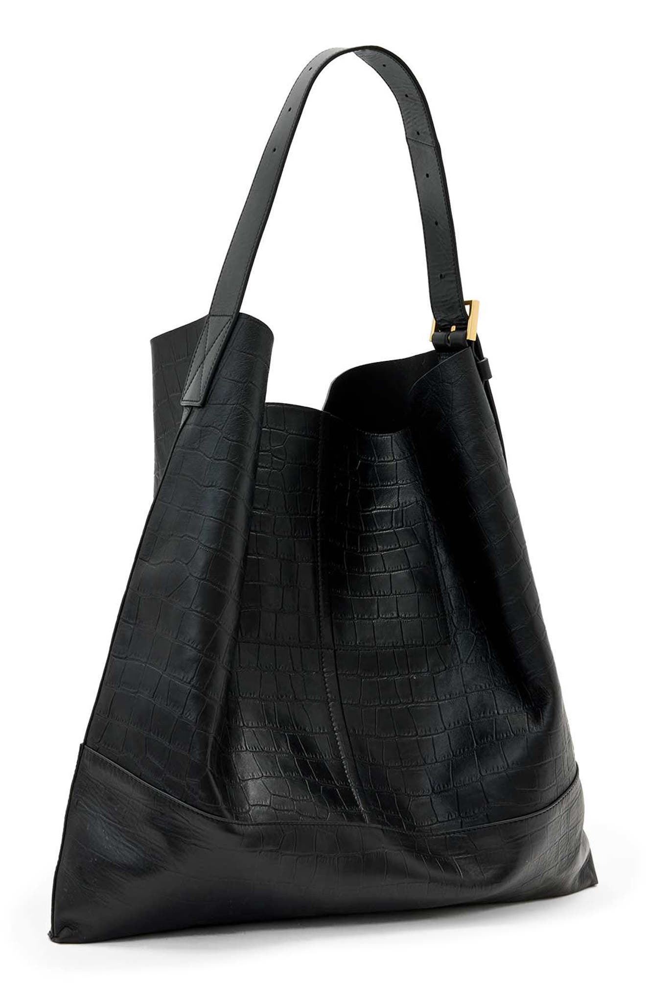 Asha Croc Embossed Leather Shoulder Bag, Alternate, color, BLACK