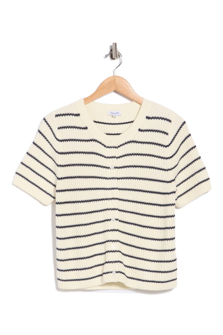 Devon Short Sleeve Cotton Cardigan, Alternate, color, SHELL IVORY/ MOOD INDIGO BLUE