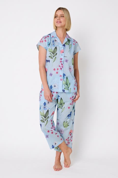 Floral Cotton Voile Short-Sleeved Capri Pajama Set