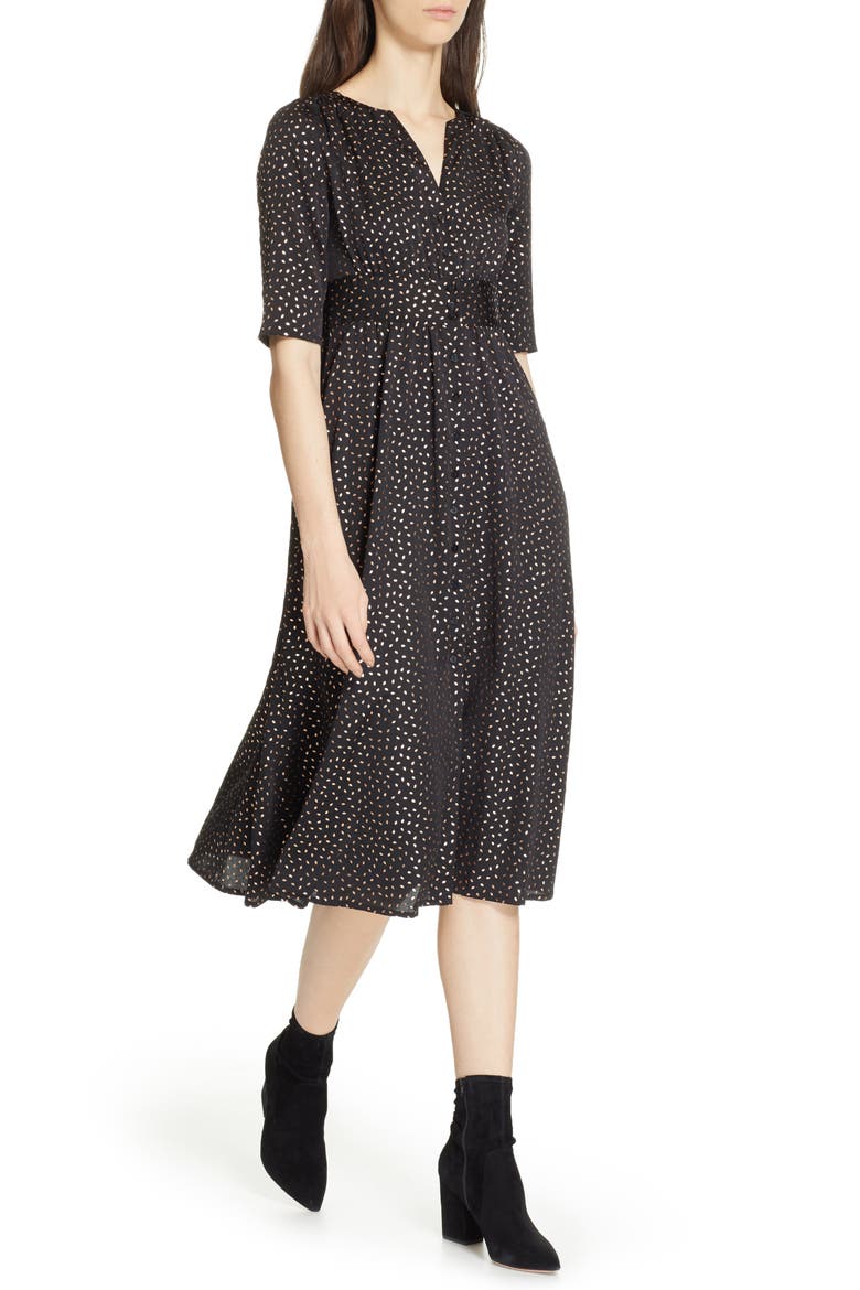 Gala Foil Print Midi Dress, Alternate, color, NOIR