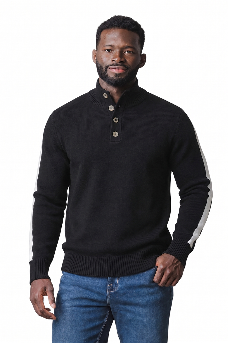 Men's Organic Cotton Mock Neck Button Placket Sweater, Main, color, Black and White