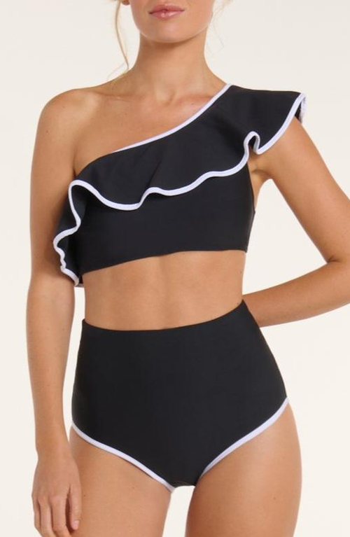 Hermoza Vanessa One Shoulder Ruffle Two-Piece Bikini Top in Black /White 