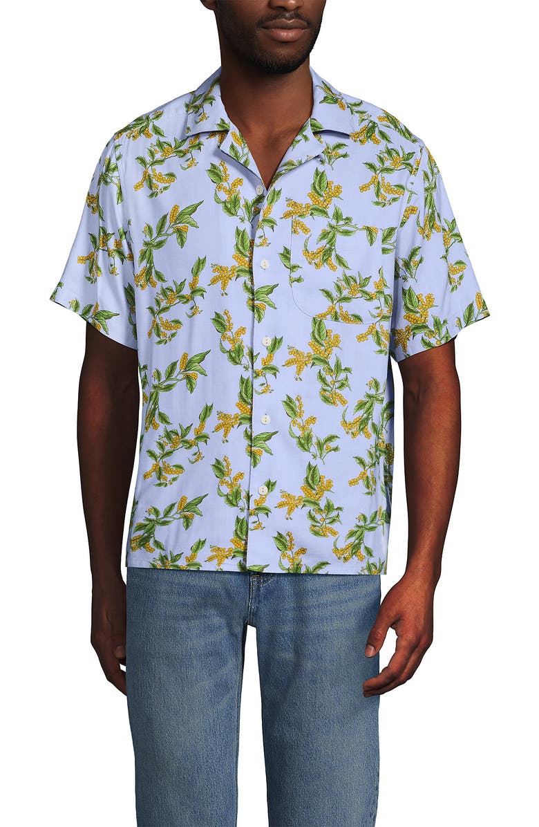 Lands' End Short Sleeve Camp Collar Hawaiian Shirt, Alternate, color, Slate Blue Stipple Palm