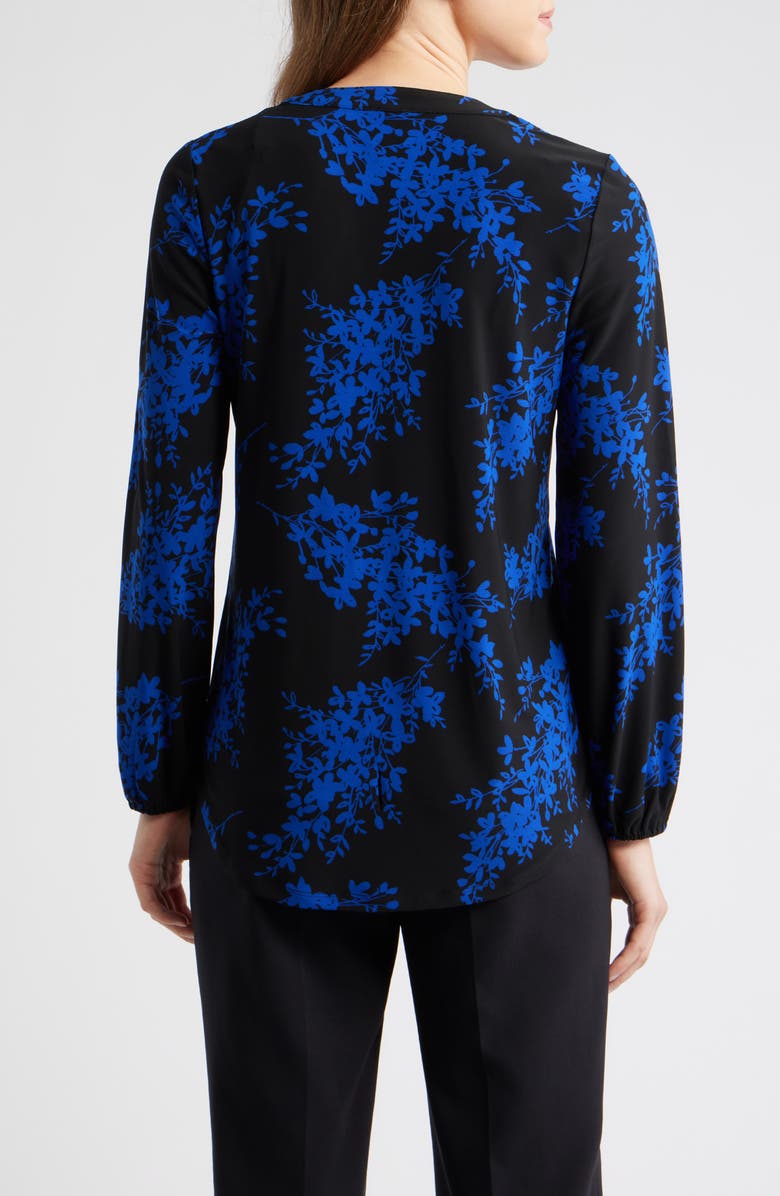 AK ANNE KLEIN Floral Print Split Neck Top, Alternate, color, Anne Black/ Empire Blue