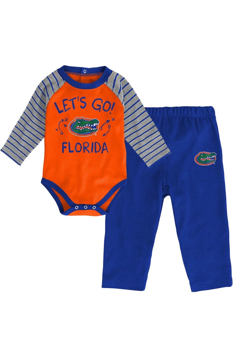 GENUINE STUFF Newborn & Infant Orange/Royal Florida Gators Touchdown 2.0 Raglan Long Sleeve Bodysuit & Pants Set, Main, color, 