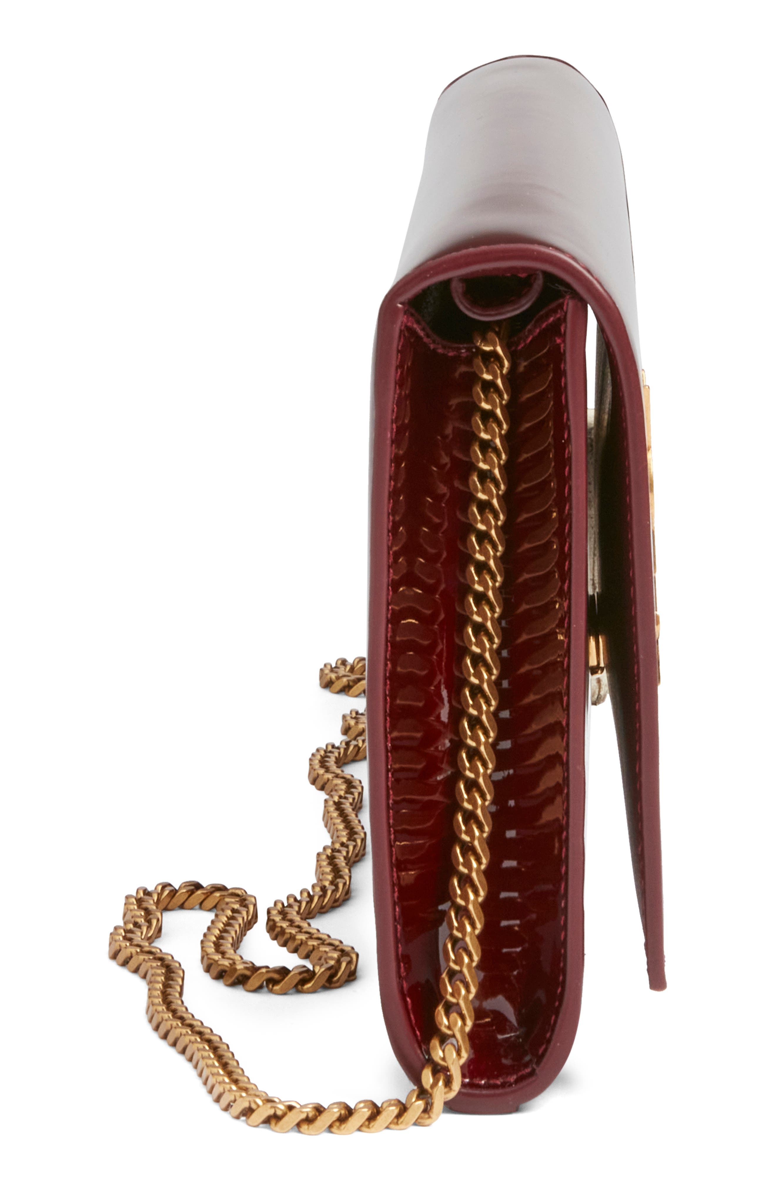 Saint Laurent Kate Patent Leather Clutch on a Chain, Alternate, color, Gloss Burgundy