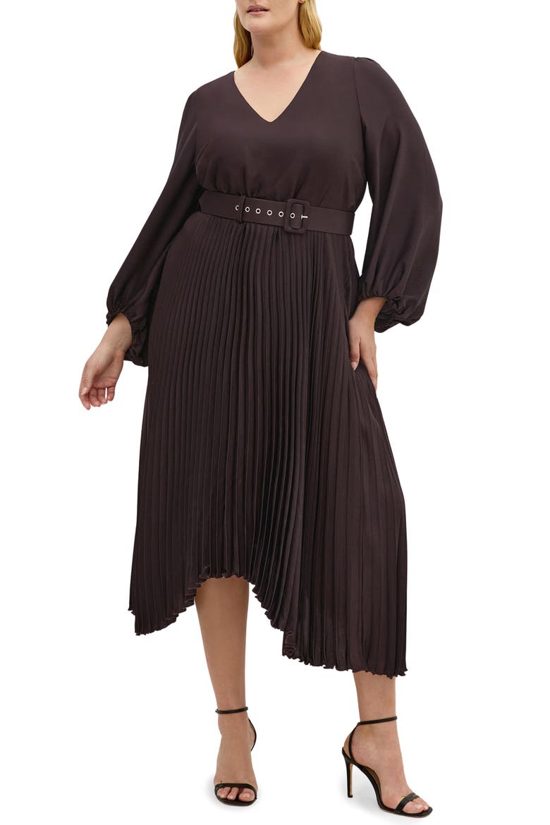 Amara Accordion Pleat Sateen Dress, Main, color, CHOCOLATE