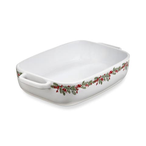 Farmhouse Christmas White Stoneware Baking Dish with Holly Trim
