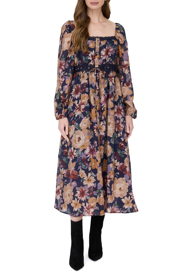 Floral Long Sleeve Midi Dress, Main, color, NAVY MULTI