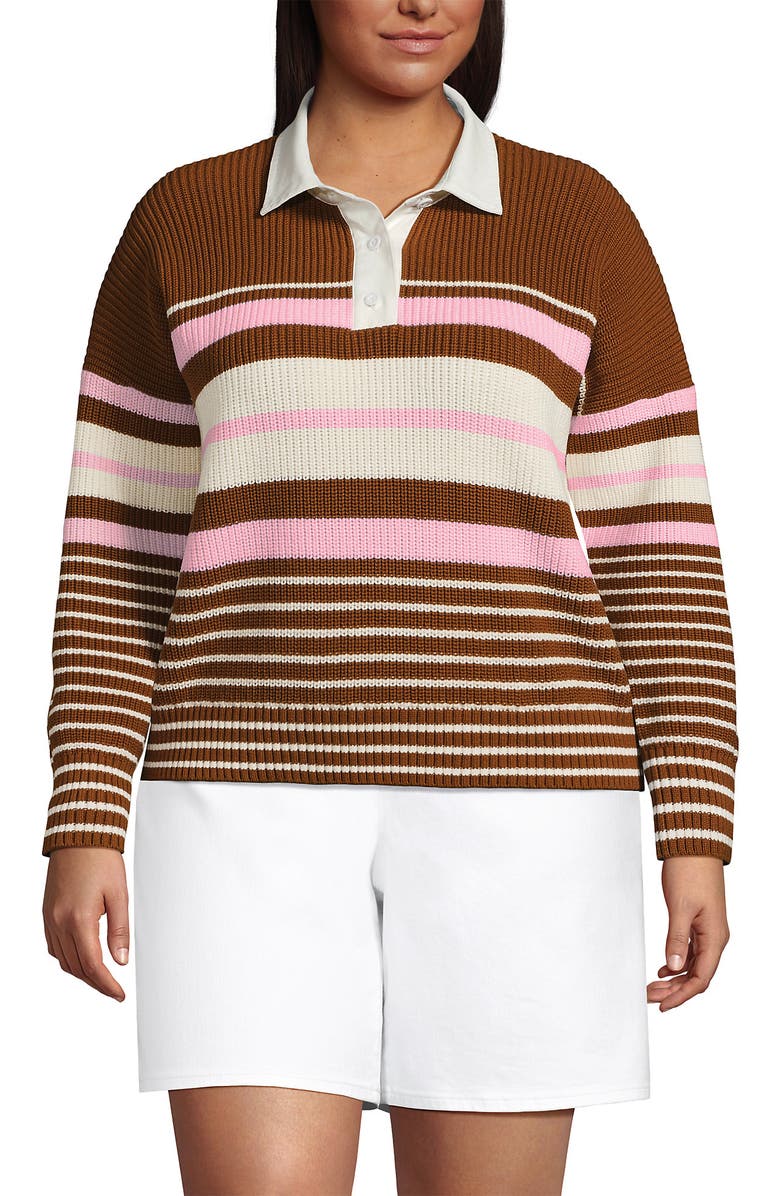 Lands' End Drifter Rugby with Woven Collar Sweater, Main, color, Rich Ginger Multi Stripes