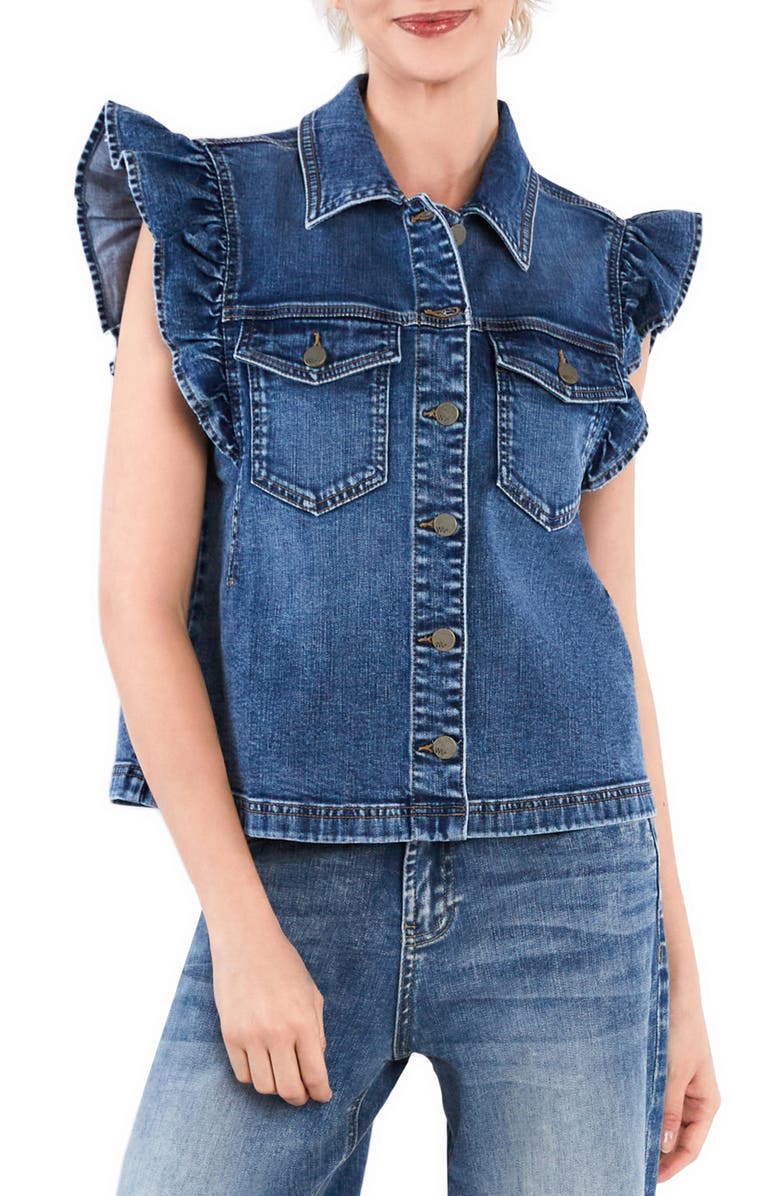Wash Lab Denim Ruffle Denim Vest, Main, color, Shark Blue