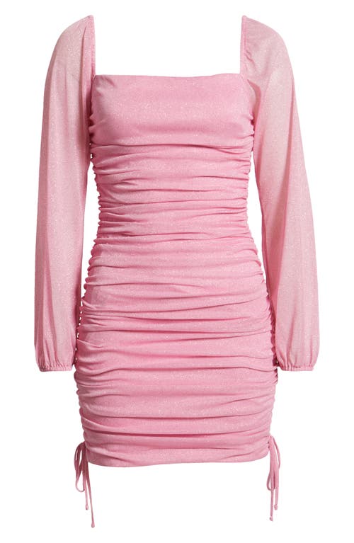 Jump Apparel Ruched Glitter Long Sleeve Minidress In Pink